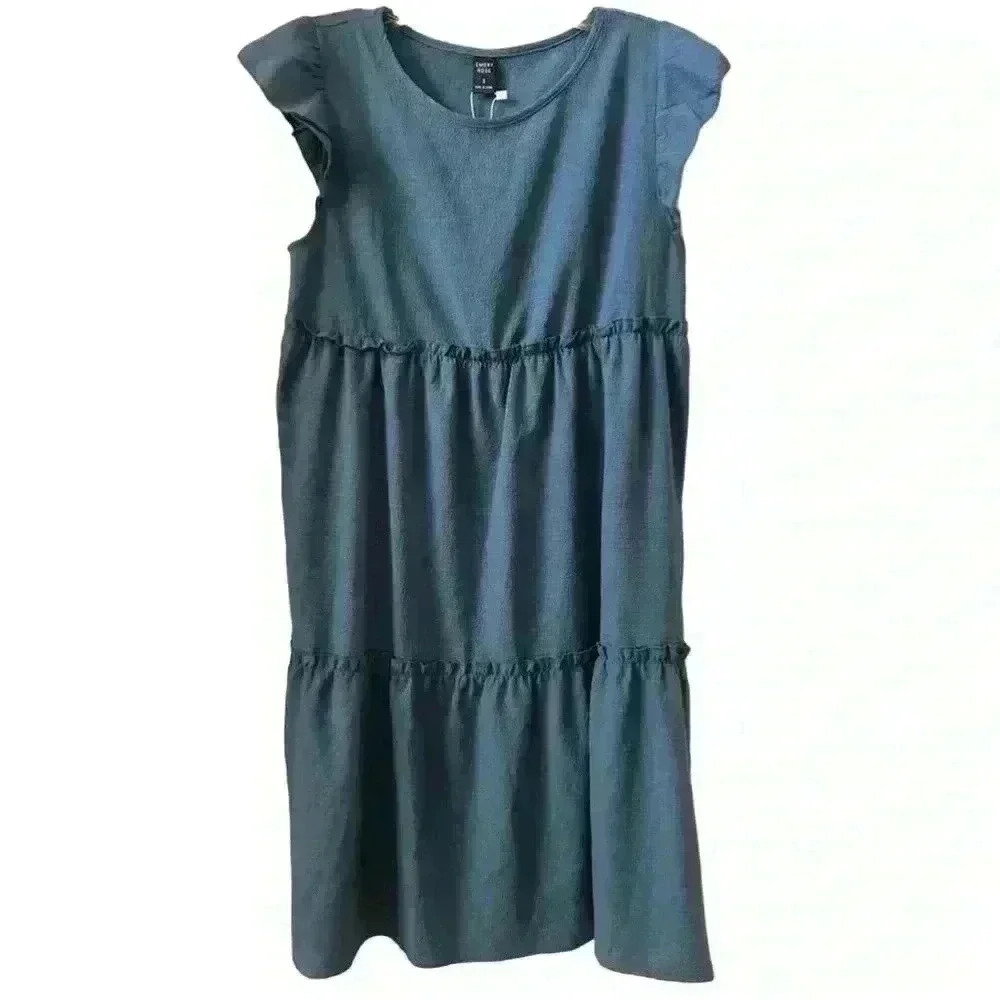 Emery Rose Women's Blue Cap Sleeve Tiered Midi Dress Size S Casual Summer‎